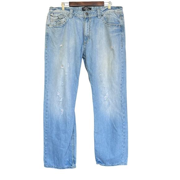 X Ray Jeans Mens Size 38x32 Blue Distressed Flap Pocket Heavy Stitch Y2K - Picture 1 of 12